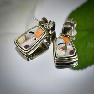 Asch Grossbardt Sterling 18K Gold Inlay Mosaic Dangle Drop Earrings Signed